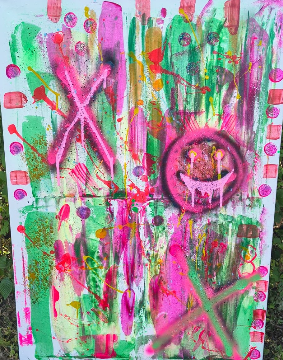 Abstraktes Werk in Grün und Neonpink mit spontanen Farbspuren von Nicis Farbrausch