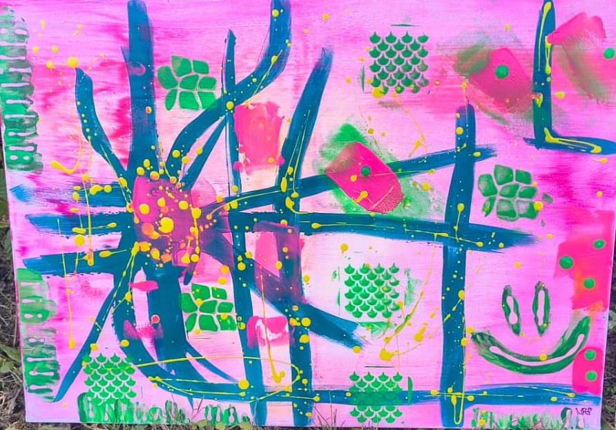 Farbenfrohe Acrylmalerei auf Leinwand in Pink, Petrol und Grün von Nicole Hartmann