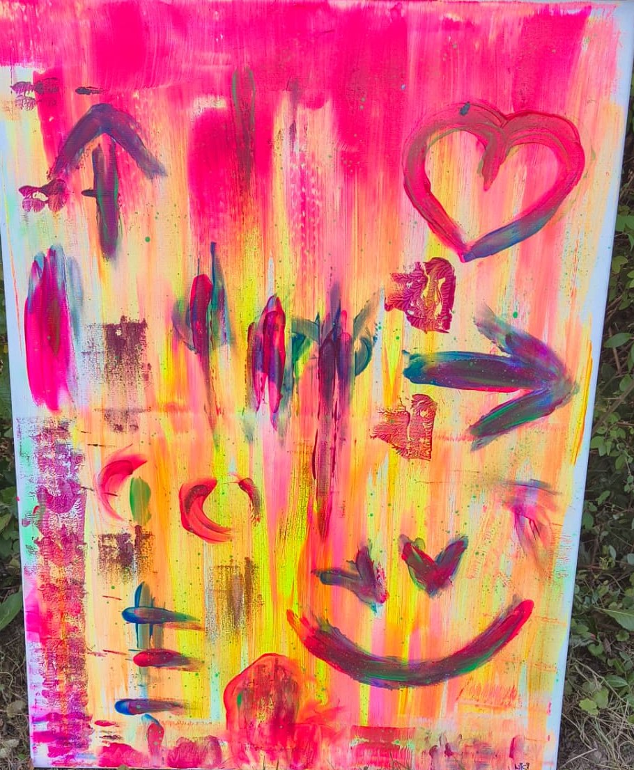 Warmes abstraktes Acrylbild in Pink, Orange und Gelb von Nicole Hartmann